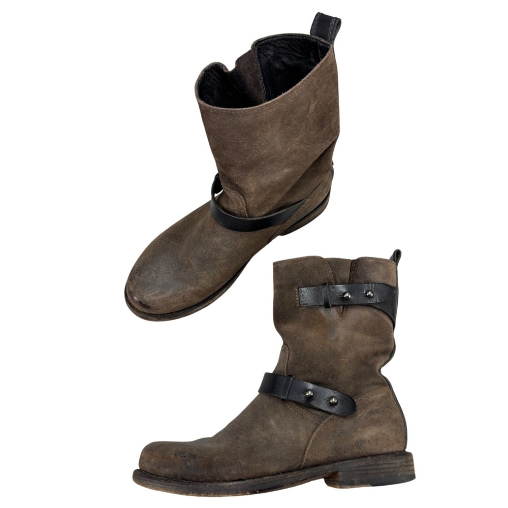 Rag & Bone Moto Boots Brown Suede Engineer Boots Black Leather Straps Size 37